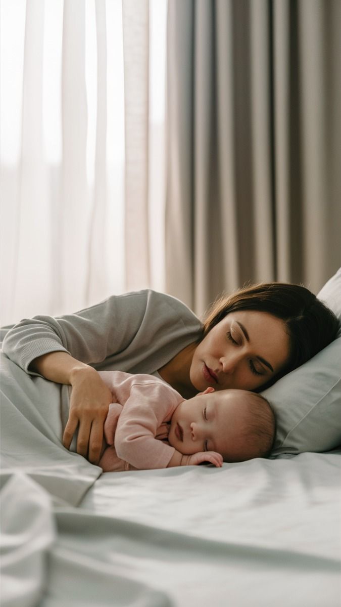 Mother and baby sleeping together in soft afternoon light