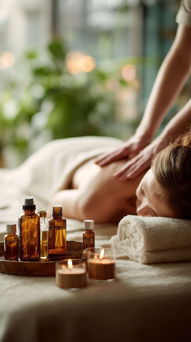 Warm oil massage with brass apothecary bottles and candles